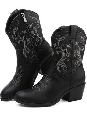 Women’s Black Mid Calf Boots Embroidered Western Cowboy Side Zip Boots
